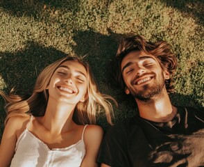 Wall Mural - A happy couple lying on the lawn, enjoying sunshine and nature together with big smiles.