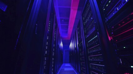 Futuristic data center with glowing server racks and neon lighting, symbolizing cybersecurity, cloud computing, and digital technology. Ideal for IT and networking themes