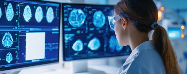Poster - a scientist analyzes brain scans on multiple monitors in a high-tech lab, showcasing advanced medica
