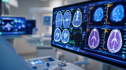 Poster - A healthcare professional analyzes brain scans displayed on a digital monitor in a modern medical facility.