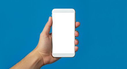 Poster - Smartphone in hand on blue background. Hand holding smartphone with blank screen. Smartphone in hand
