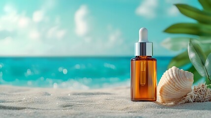 Poster - A photograph of a minimalist glass bottle containing a skincare serum product placed delicately on a smooth seashell by the shoreline