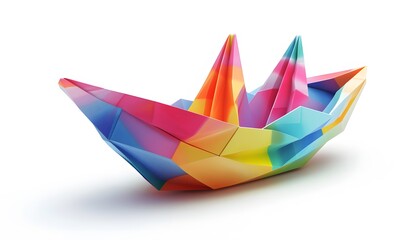 Poster - Colorful origami paper boat floats against a clean white backdrop