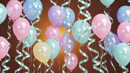 Aufkleber - Colorful pastel balloons with curling ribbons against a warm orange background. Celebration and party decoration concept