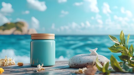Poster - A photograph of a minimalist elegant skincare jar placed on a smooth gray stone with gentle sea waves rolling in the background creating a serene and calming coastal landscape scene with copy space