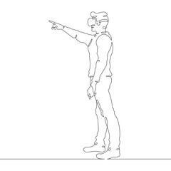 Wall Mural - Continuous one line drawing man in VR headset. Man in virtual reality. Character With extended index finger. One continuous line isolated minimal illustration.Not AI.