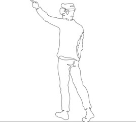 Poster - continuous one line drawing man in vr headset. man in virtual reality. character with extended index