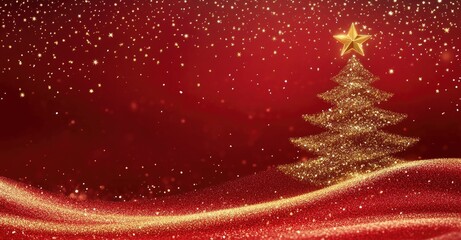 Wall Mural - golden glitter christmas tree with a star on a shimmering red background, surrounded by festive spar