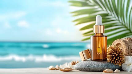 Poster - A tranquil and elegant scene featuring a dewy skincare serum bottle resting on a smooth beach rock with calming waves in the background