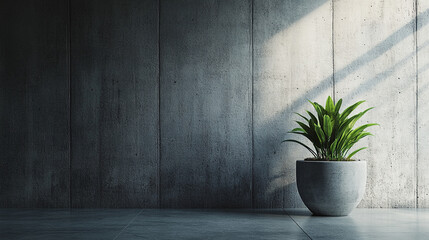 Poster - Green plant in pot against concrete wall with sunlight