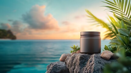 Poster - Photograph of a minimalist skincare jar placed on a rock formation near the ocean with gentle sunset lighting creating a peaceful natural atmosphere and ample copy space for branding or editorial use