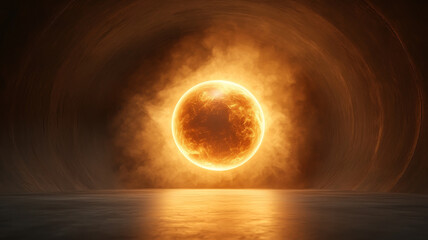 Poster - glowing cosmic sphere radiates light in shadowy, futuristic environment, creating mesmerizing atmosphere. scene evokes sense of wonder and mystery