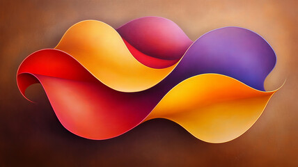 Poster - vibrant, dynamic abstract figure featuring flowing waves in shades of red, orange, yellow, and purple against warm brown background, evoking sense of movement and energy
