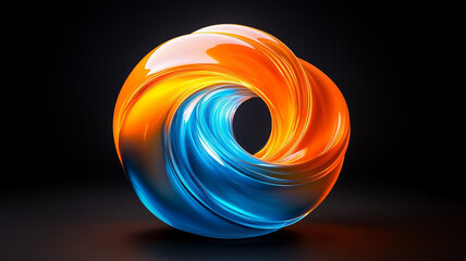 Poster - vibrant spherical object with glossy spiral design in orange and blue hues, creating dynamic visual effect. interplay of colors adds depth and intrigue