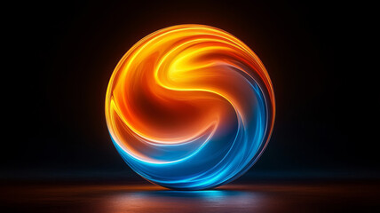 Poster - abstract glossy sphere with swirling spiral design, featuring vibrant orange and blue colors that create dynamic visual effect. smooth surface reflects light beautifully, enhancing its artistic