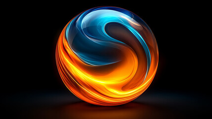 Poster - abstract glossy sphere with swirling spiral design, featuring vibrant blue and orange colors that create dynamic visual effect