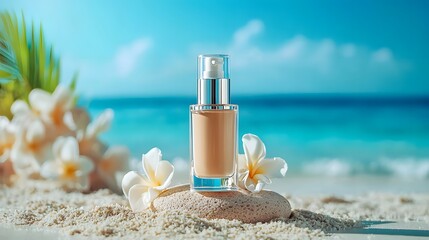 Poster - Closeup shot of a waterproof foundation bottle placed on a smooth gray beach rock with gentle ocean waves softly lapping in the background  The minimal