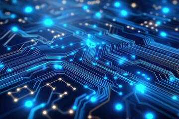 Fototapete - Futuristic blue circuit board design with glowing nodes and intricate pathways for technological innovation