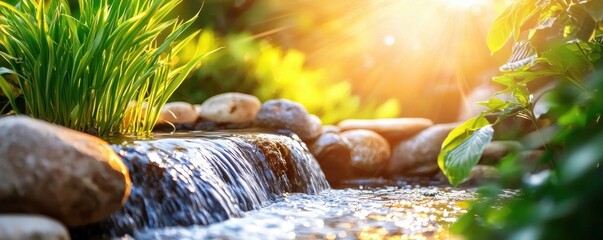 Poster - Serene waterfall cascading over smooth stones surrounded by vibrant green foliage under bright sunlight creating a peaceful nature scene