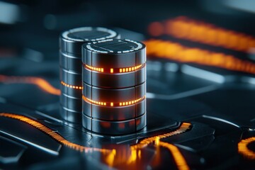 Fototapete - Futuristic Data Storage Concept with Glowing Orange Lights on a Dark Metallic Surface in a High Tech Environment
