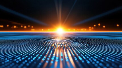 Poster - Abstract digital landscape with glowing horizon and futuristic blue lines creating a sense of depth and connection