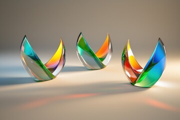Aufkleber - Three abstract glass sculptures reflecting vibrant colors on a neutral surface creating an artistic display with soft lighting and a modern aesthetic