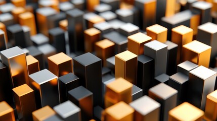 Aufkleber - Abstract Metallic Cubes in Dynamic Composition with Gold Silver and Black Tones for Modern Backgrounds and Designs