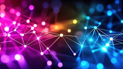 Poster - Abstract network connection with colorful bokeh lights and glowing nodes in a dark background creating a vibrant and futuristic atmosphere for technology concepts