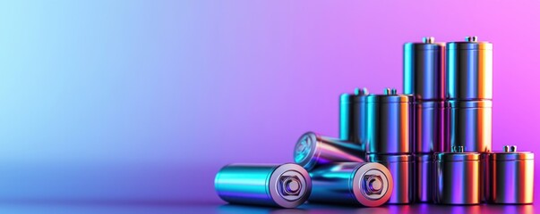 Poster - Stacked rechargeable batteries in vibrant neon light on a soft gradient background for energy solutions and power storage