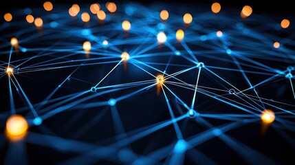 Fototapete - Futuristic network connection with glowing nodes and interconnected lines on dark background