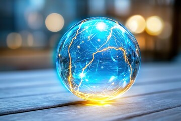 Aufkleber - Captivating Blue Energy Sphere with Luminous Lightning Streaks on Rustic Wooden Surface Creates a Futuristic and Magical Ambiance
