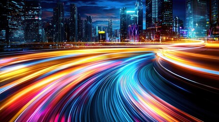 Poster - Dynamic Urban Landscape with Vibrant Light Trails Capturing the Essence of Modern City Life and High Speed Traffic at Night