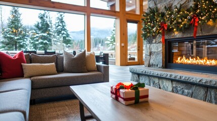 Aufkleber - Cozy holiday living room with fireplace and gift box capturing a warm and inviting atmosphere with a snowy mountain view and comfortable seating