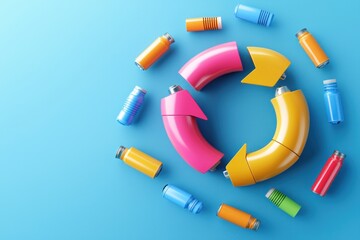 Poster - Vibrant Recycling Concept with Colorful Arrow Cycle and Bottles on Light Blue Background Symbolizing Sustainability and Environmental Awareness in a Playful Style