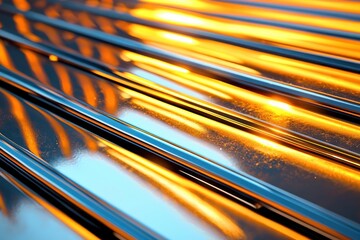 Poster - Abstract chrome texture with golden light reflections creating a modern and futuristic metallic background for creative design and technology concepts
