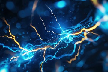 Poster - Energetic blue and gold light streaks against a dark backdrop creating a dynamic and vibrant visual effect showcasing power and innovation