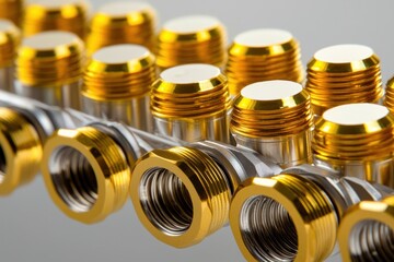 Poster - Close up of a gleaming brass manifold with multiple ports against a neutral background showcasing precision engineering and industrial design with a metallic sheen