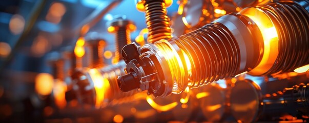 Poster - Close Up of Engine Parts with Warm Lighting and Shallow Depth of Field in Automotive Industry