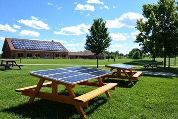 Solar Panel Picnic Tables on Green Lawn with Building and Blue Sky with Clouds in Background on Sunny Day