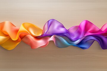 Aufkleber - Colorful chiffon ribbon waves across a light wood grain surface creating a vibrant and flowing abstract design perfect for backgrounds and artistic compositions