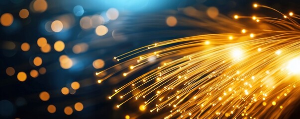 Aufkleber - Abstract glowing fiber optic cables transmitting data in a network connection with bokeh effect technology background