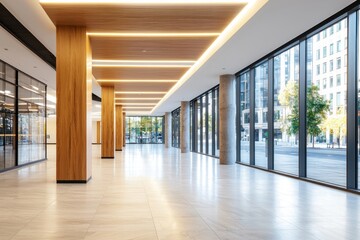 Poster - Bright and Spacious Modern Lobby with Polished Marble Floor Wooden Columns and Natural Light from Large Windows Creating a Welcoming Atmosphere for Visitors
