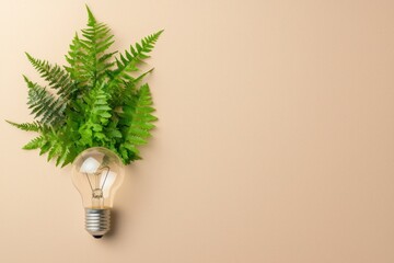 Aufkleber - Light bulb with fern leaves on beige backdrop embodying sustainable energy and eco friendly innovation for a greener future concept