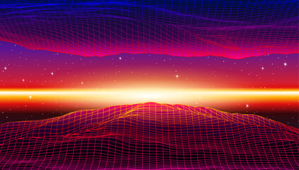 Aufkleber - Retro low poly grid landscape with polygonal mountain, palm trees silhouettes and sun, vector illustration. 80s style synthwave landscape with neon grid mountains, palm trees silhouettes and sun.