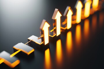 Poster - Ascending Golden Arrows on Dark Surface Symbolizing Growth Achievement and Progress in Business and Finance