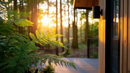 Poster - Serene forest cabin scene with golden sunlight filtering through trees and highlighting lush fern foliage tranquil nature escape