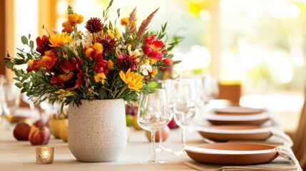 Aufkleber - Elegant autumn floral arrangement centerpiece on table setting with terracotta plates and wine glasses for festive dining