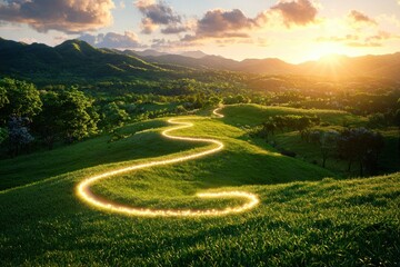 Poster - Serene Green Hills Landscape with a Winding Path of Light at Sunset Capturing Tranquility and Natural Beauty in a Scenic Vista