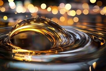 Aufkleber - Abstract metallic liquid wave with golden highlights and bokeh background creating a mesmerizing visual effect for modern design