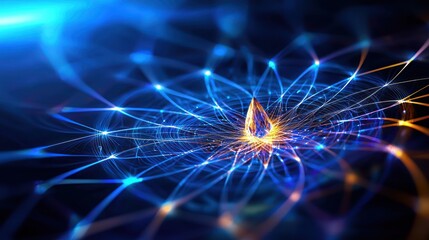 Poster - Captivating Abstract Art with Luminous Blue and Gold Light Trails Emanating from a Central Crystal Point Radiating Energy and Modernity